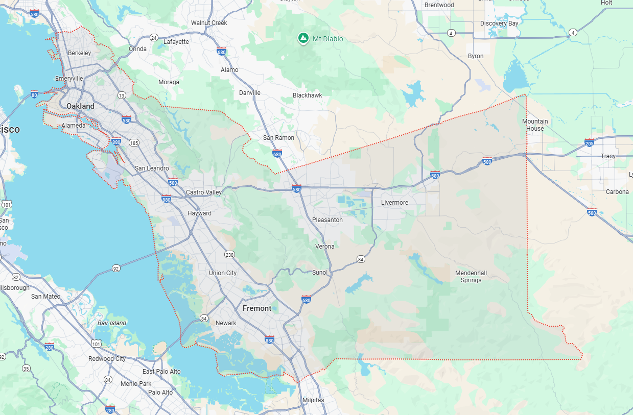Map showing the San Francisco Bay Area, highlighting Oakland, Fremont, Livermore, and surrounding regions with roads and labels.