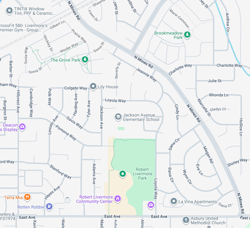 Map showing Robert Livermore Park, Jackson Avenue Elementary School, and nearby roads in Livermore, CA.