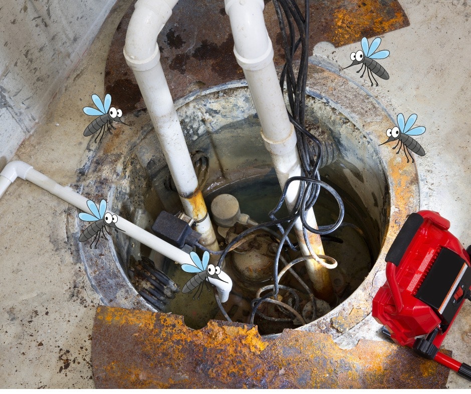 Open sump pit with pipes and cables, animated mosquitoes flying around, and a red device on the ground.