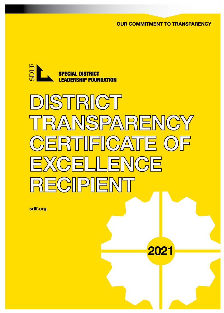 A certificate from the Special District Leadership Foundation, recognizing District Transparency Excellence for 2021.