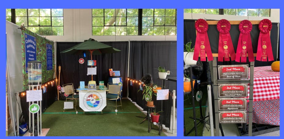 Left: Indoor booth setup with plants, chairs, and promotional materials. Right: Four red award ribbons displayed on a wooden board.