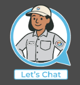 Cartoon person in a uniform and cap inside a chat bubble with "Let's Chat" below.