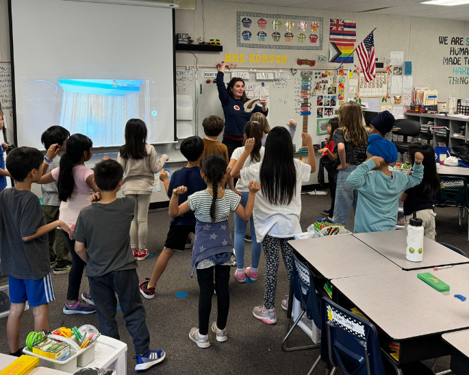 A classroom with a teacher leading students in an activity. Some are watching a screen, others engaged with the teacher.