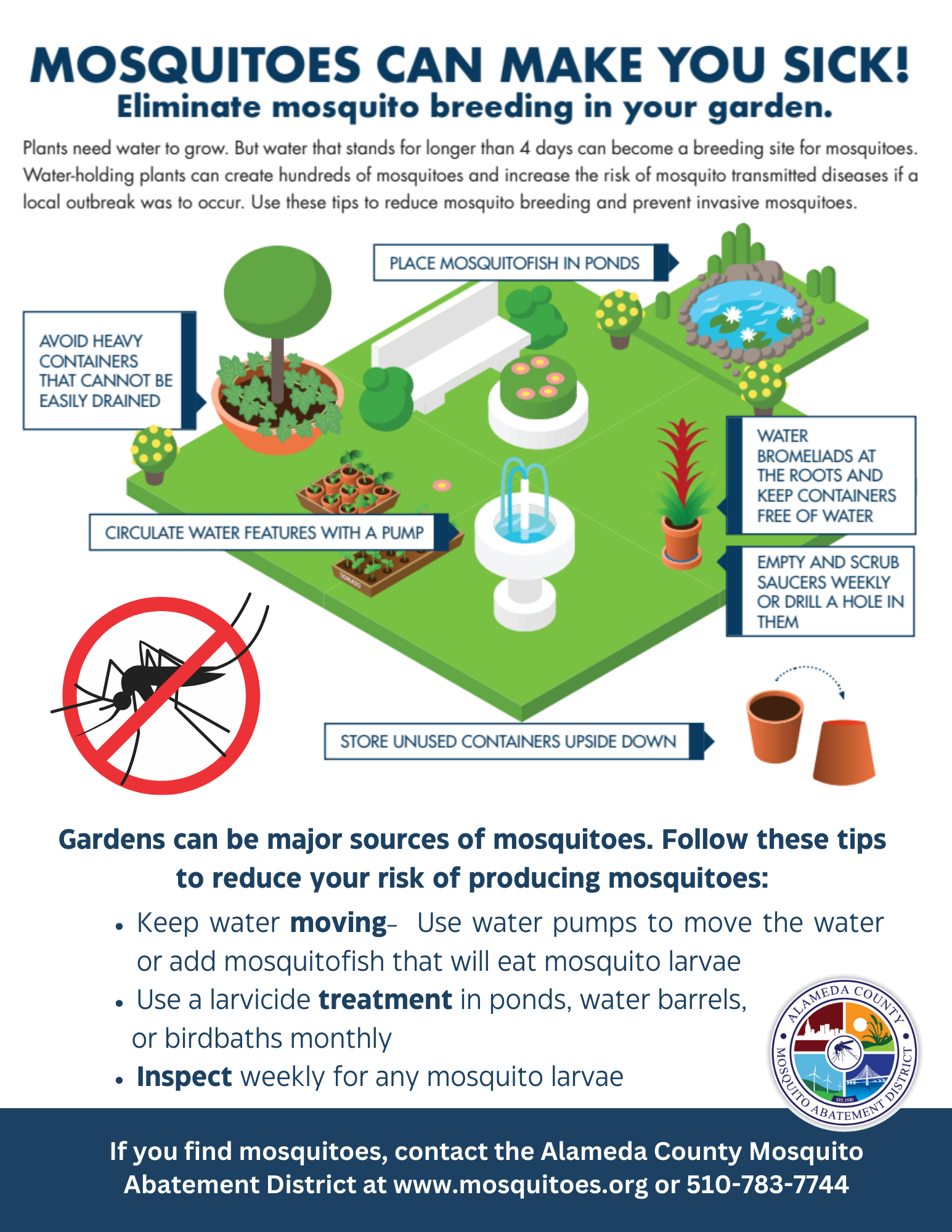 Infographic on preventing mosquito breeding with tips: use pumps, place Mosquitofish, avoid water containers, and inspect weekly.