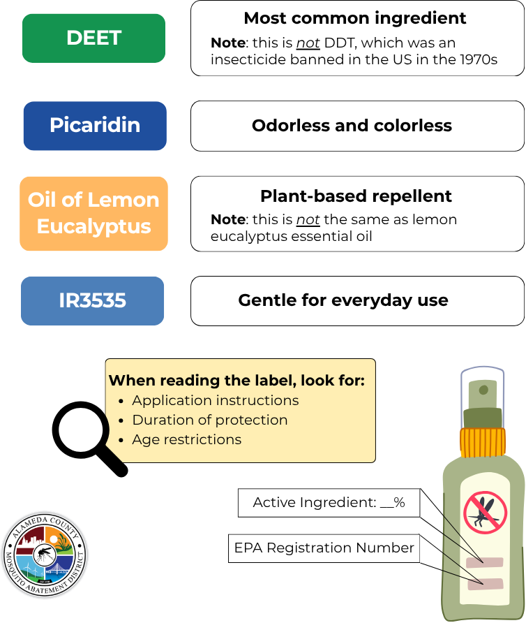 The image outlines mosquito repellent ingredients (DEET, Picaridin, Oil of Lemon Eucalyptus, IR3535) and tips for reading labels.