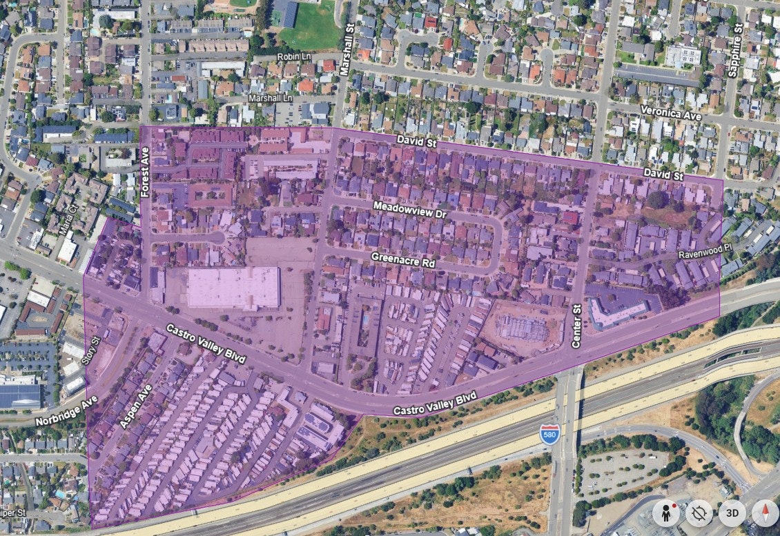The image shows a map of a residential area outlined in purple, near Castro Valley Boulevard and surrounding streets.