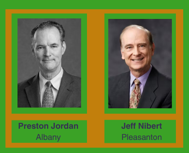 Two men in suits with names and locations: Preston Jordan (Albany) and Jeff Nibert (Pleasanton).