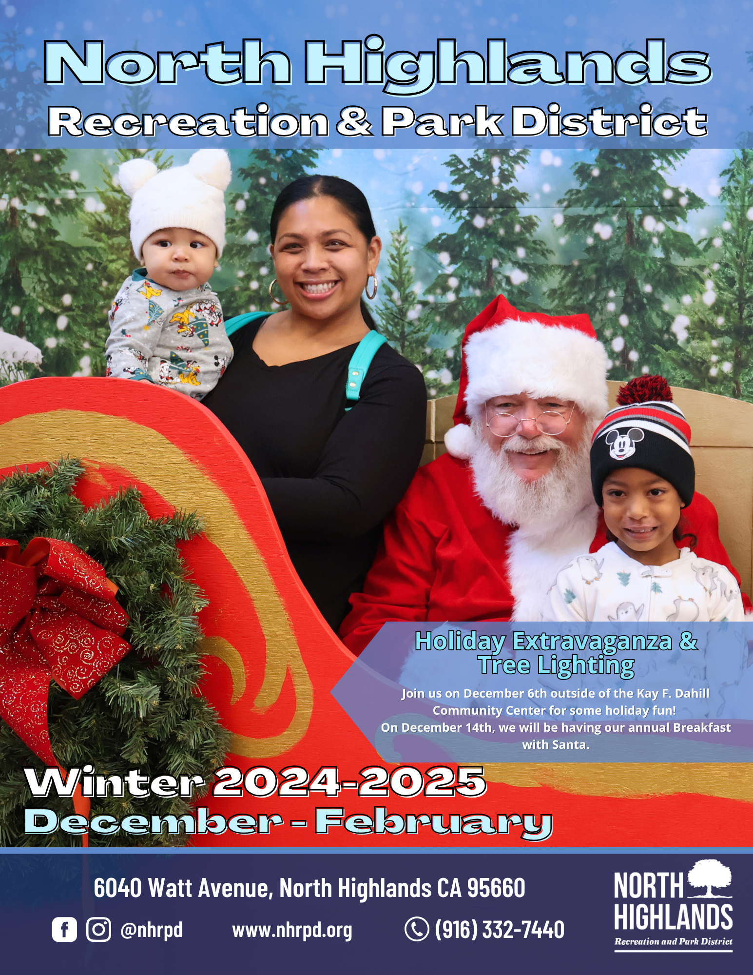 The image promotes the North Highlands Recreation & Park District’s Holiday Extravaganza, featuring events with Santa.
