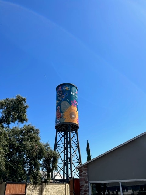 A water tower with colorful floral designs stands next to a building under a clear blue sky.