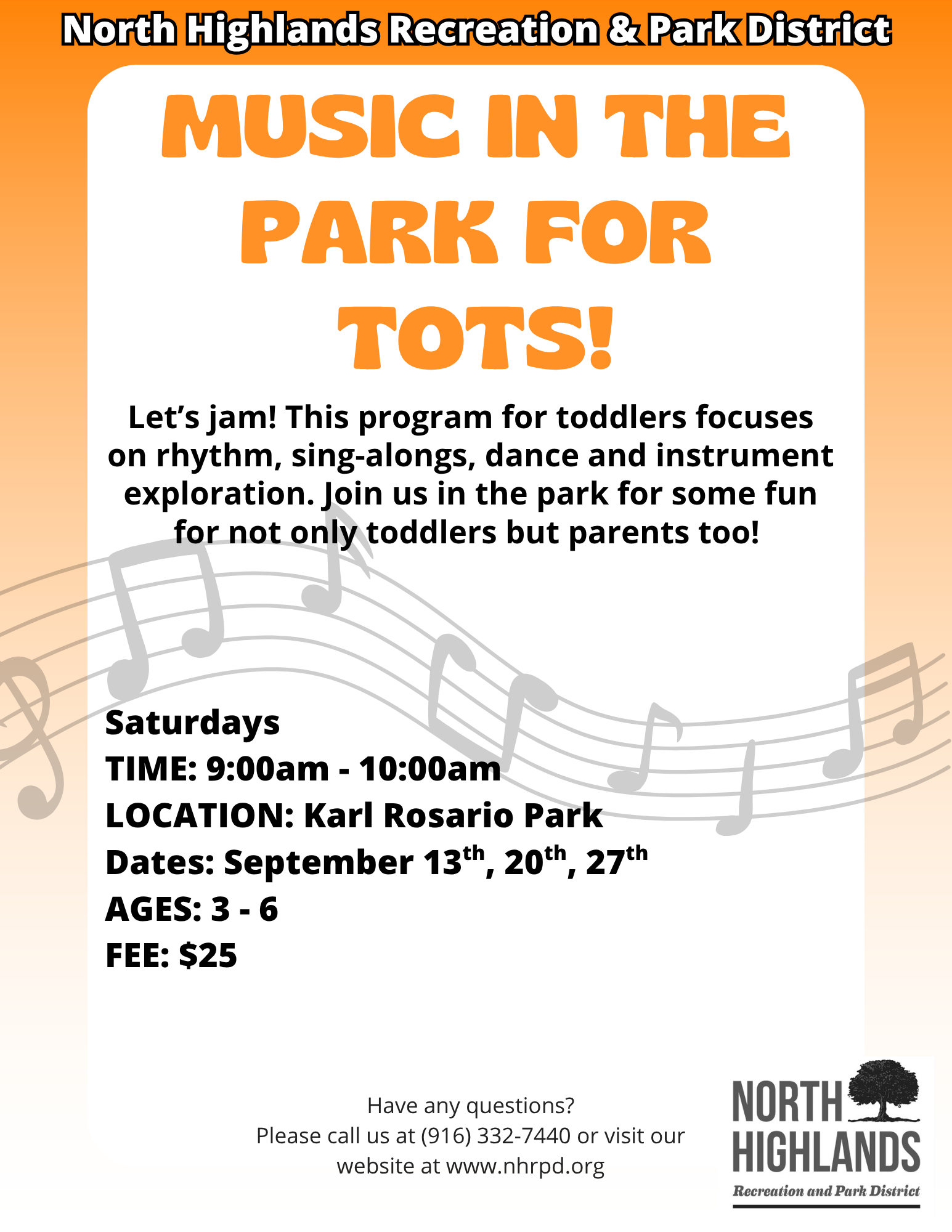 Music program for toddlers at Karl Rosario Park, Saturdays 9-10 AM, Sept 13, 20, 27, ages 3-6, fee: $25.