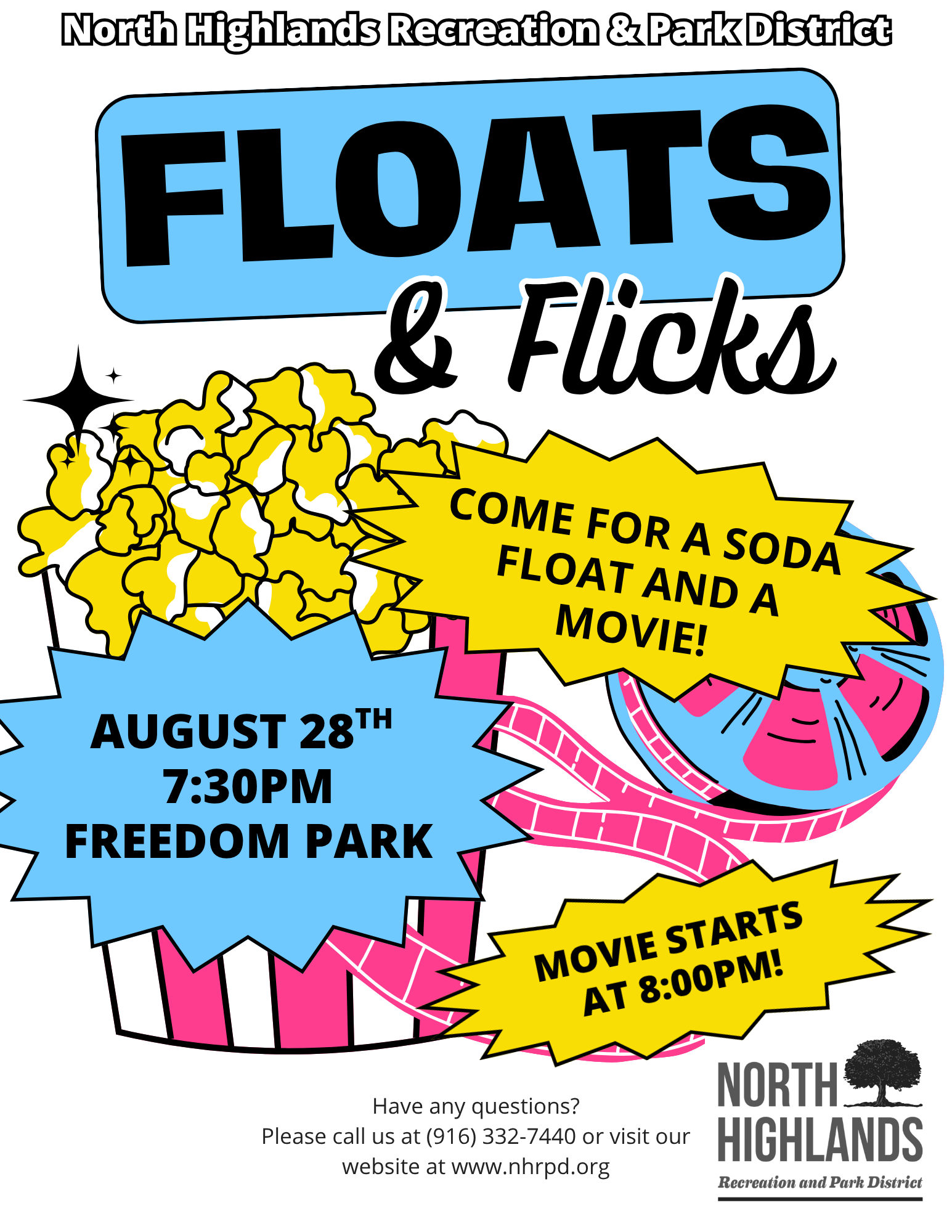 Join "Floats & Flicks" on August 28 at 7:30 PM in Freedom Park for a soda float and movie! Movie starts at 8 PM.