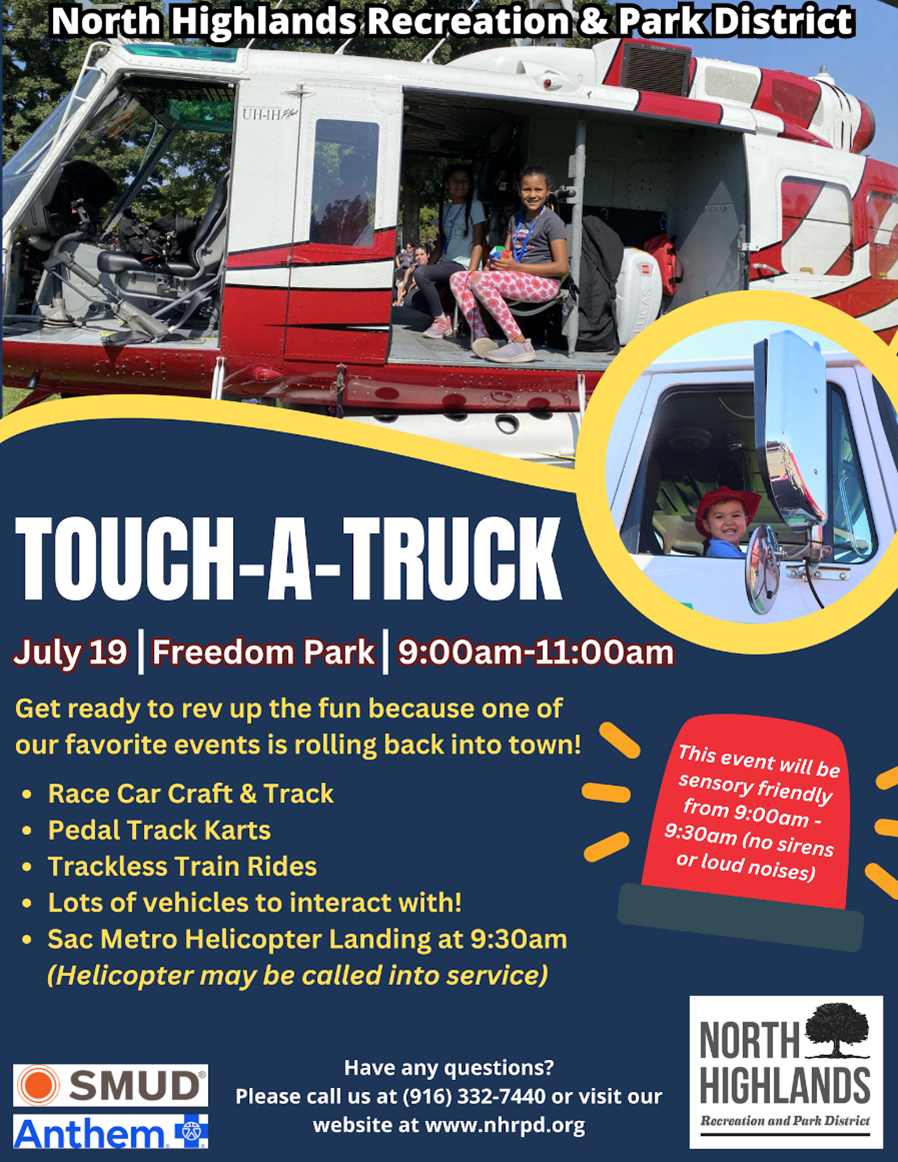Touch-a-Truck event, July 19, Freedom Park, 9-11am. Features include vehicles, race car craft, karts, trains, and helicopter.