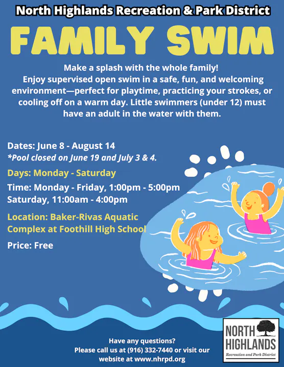 Family Swim event from June 8 to August 14. Free at Baker-Rivas Aquatic Complex. Supervised swims, under 12 need an adult.