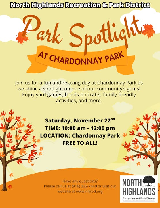 Park Spotlight event at Chardonnay Park, November 22, 10 AM - 12 PM. Free entry, games, crafts, family activities.