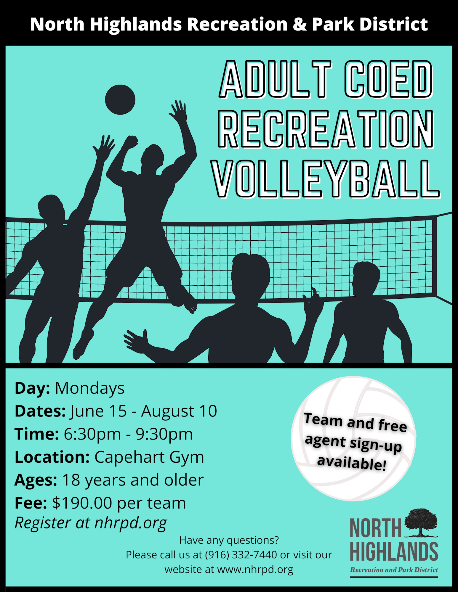 Adult coed volleyball in North Highlands: Mondays, June 15 - Aug 10, 6:30-9:30 PM at Capehart Gym. Ages 18+, $190/team. Register!