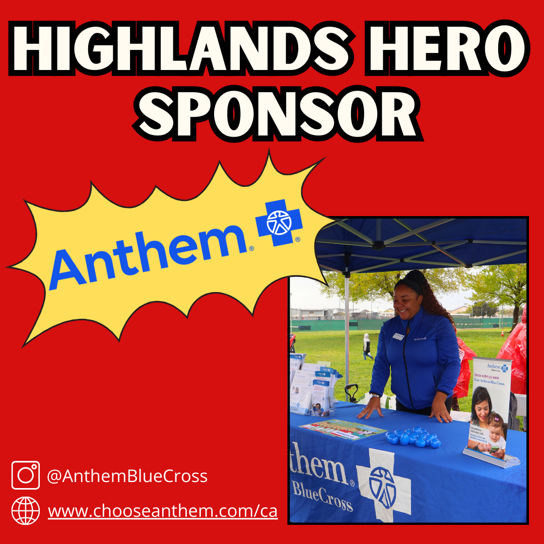 The image promotes Anthem Blue Cross as a Highlands Hero sponsor, featuring a representative at a booth.