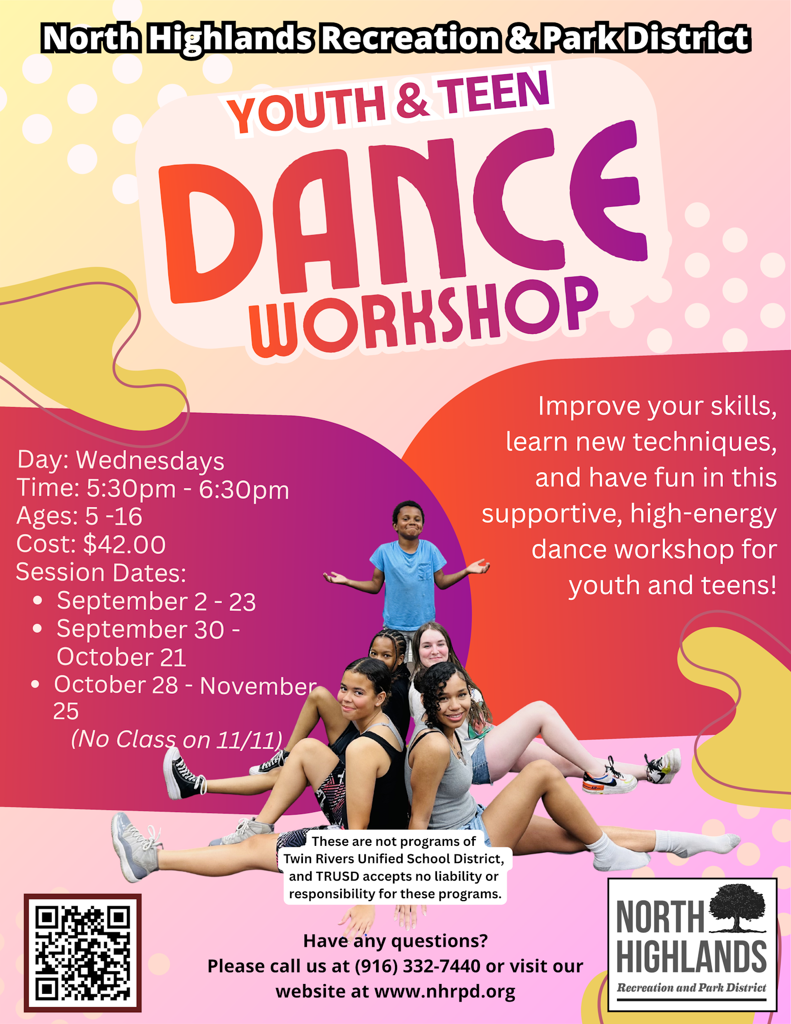 Youth & Teen Dance Workshop in North Highlands, Wednesdays from 5:30-6:30 PM. Ages 5-16, $42. Various session dates listed.