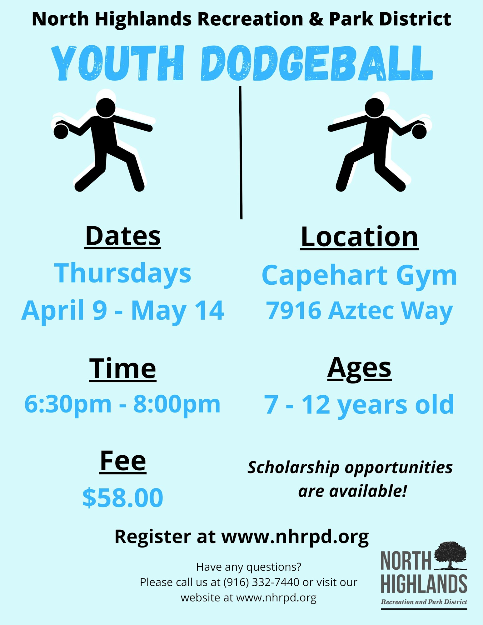 Youth dodgeball at Capehart Gym, Thursdays, April 9 - May 14, 6:30-8 PM. Ages 7-12. Fee: $58. Register at nhrpd.org.