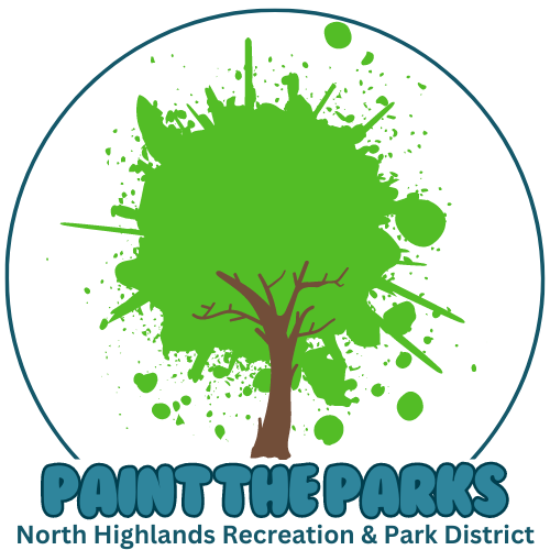 A logo with a stylized green tree, paint splatters, and the text "PAINT THE PARKS - North Highlands Recreation & Park District".