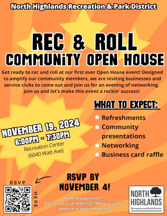 An event flyer for "Rec & Roll Community Open House" on Nov 19, 2024, with details on what to expect, RSVP info, and contact details.