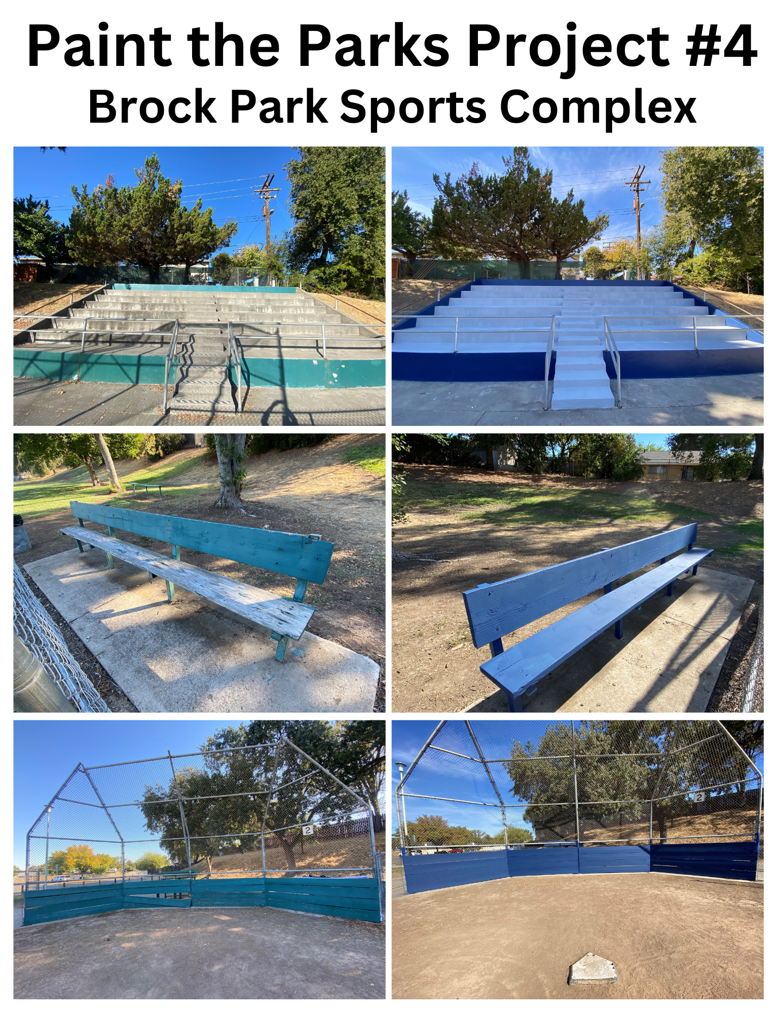 Before and after pictures of a sports complex renovation project, showcasing freshly painted facilities.
