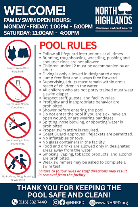 The image outlines pool rules and hours for North Highlands Recreation, emphasizing safety, proper attire, and behavior.