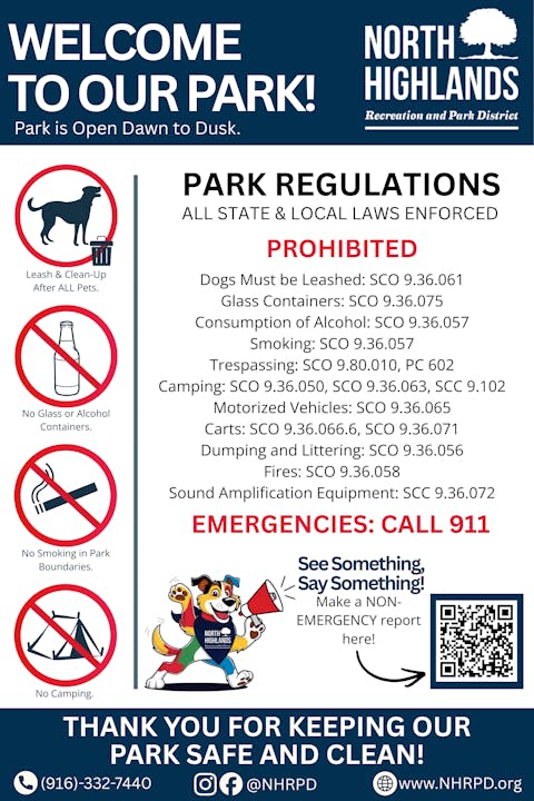 The image details park regulations in North Highlands, such as no glass/alcohol, leashed pets, and smoking prohibited. Emergencies: call 911.
