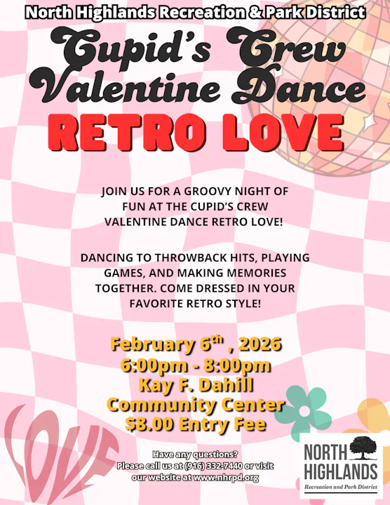 Cupid's Crew Valentine Dance: Retro Love event on Feb 6, 2026, 6-8 PM at Kay F. Dahill Community Center. $8 entry. Retro dress encouraged.
