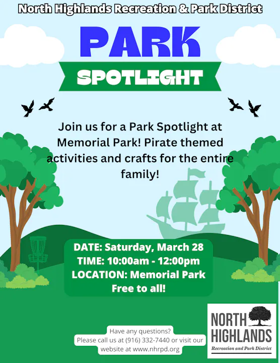 Join us for a pirate-themed family event at Memorial Park on March 28, 10am-12pm. Free activities and crafts!