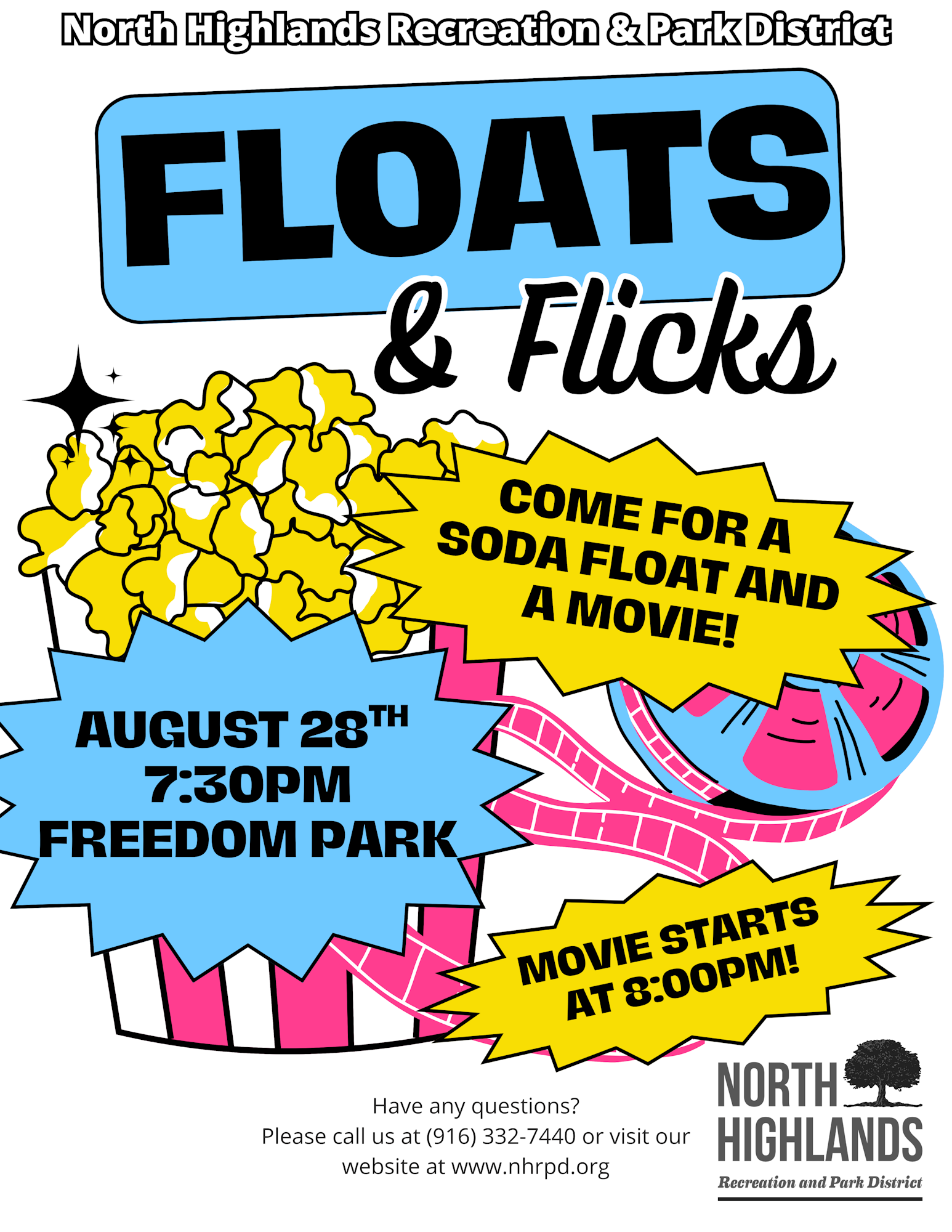 Join the North Highlands Recreation District on August 28 at 7:30 PM for "Floats & Flicks" at Freedom Park! Movie starts at 8 PM.