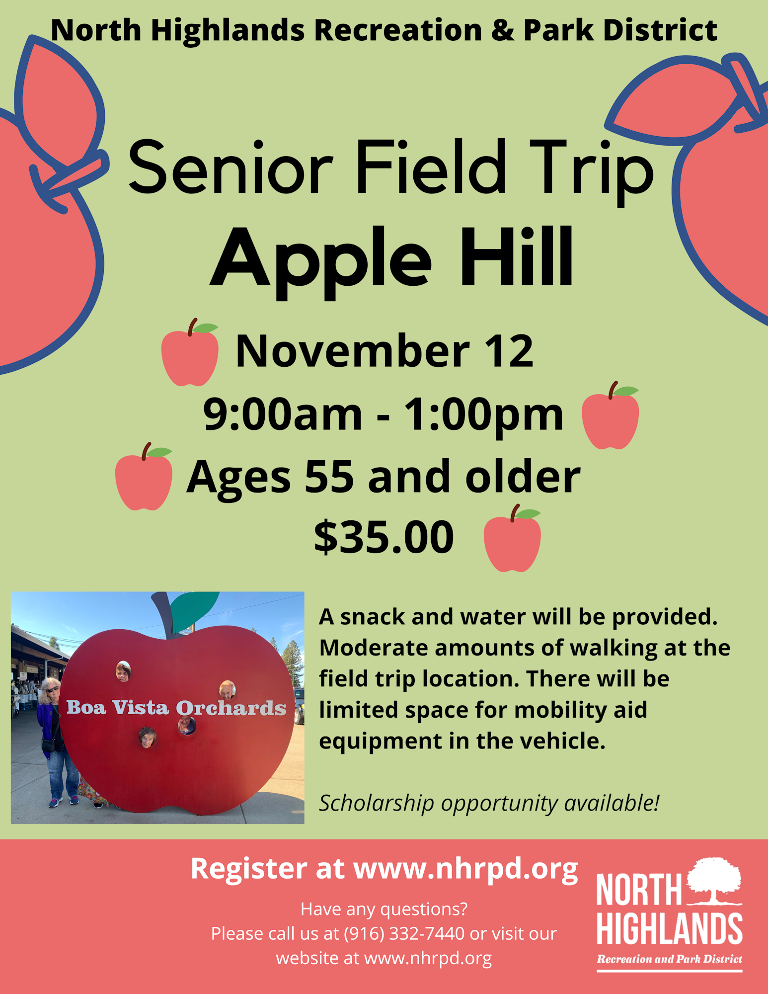 Senior Field Trip to Apple Hill on November 12, 9am-1pm, for ages 55+. Cost: $35. Snacks and water included. Register at www.nhrpd.org.