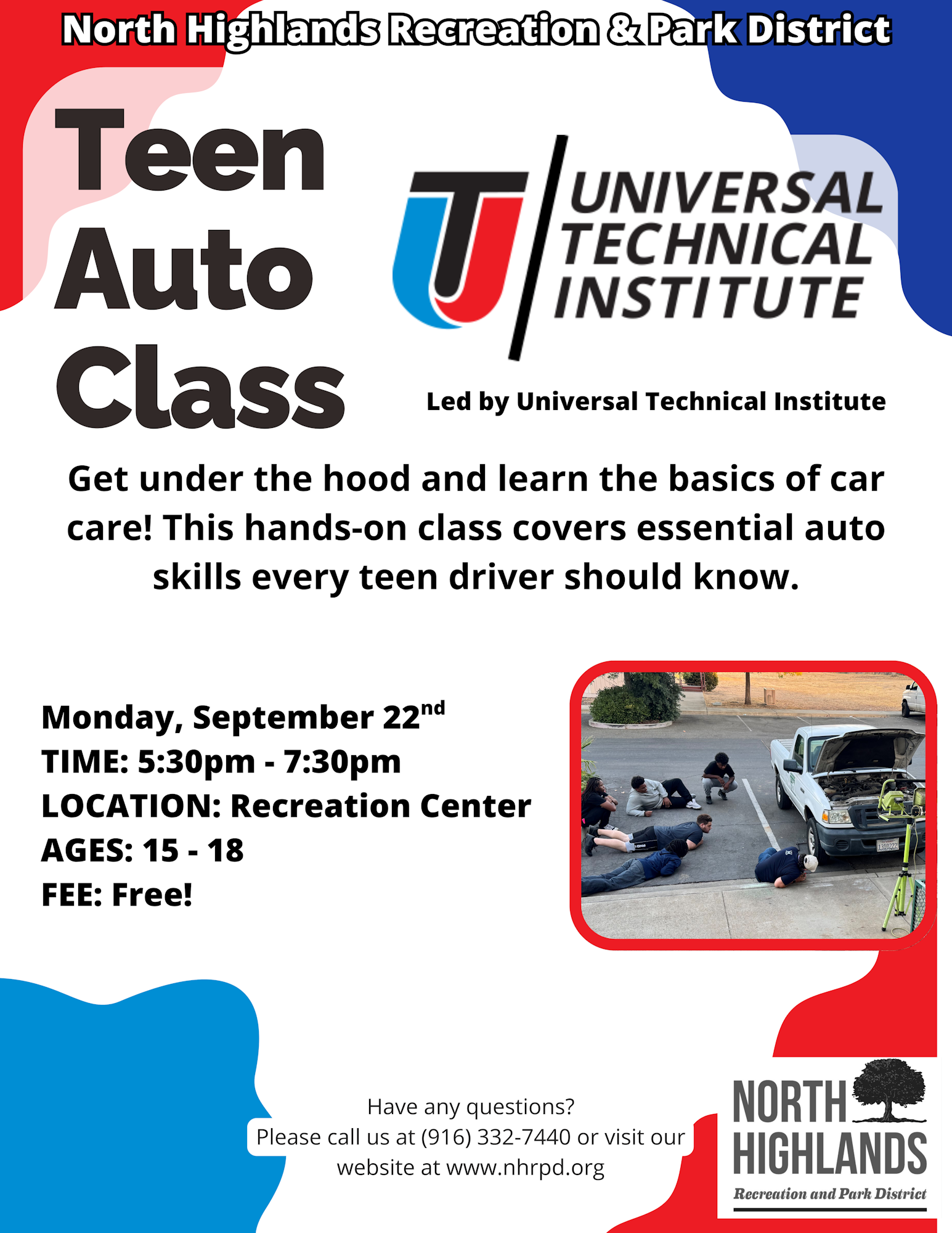 Teen Auto Class flyer: Free class for ages 15-18 on September 22, 5:30-7:30pm at Recreation Center. Led by Universal Technical Institute.