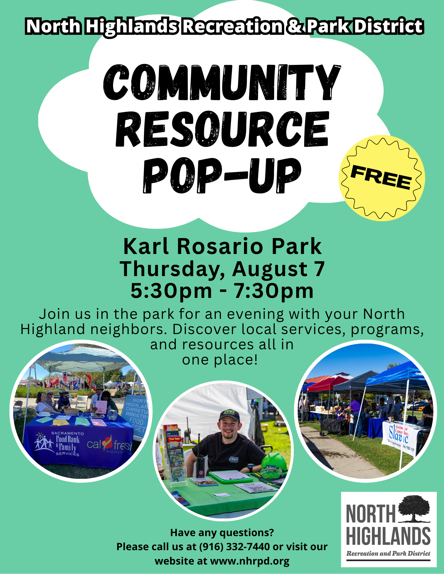 Community Resource Pop-Up at Karl Rosario Park, August 7, 5:30pm-7:30pm. Free entry, local services, resources. Visit nhrpd.org for more info.