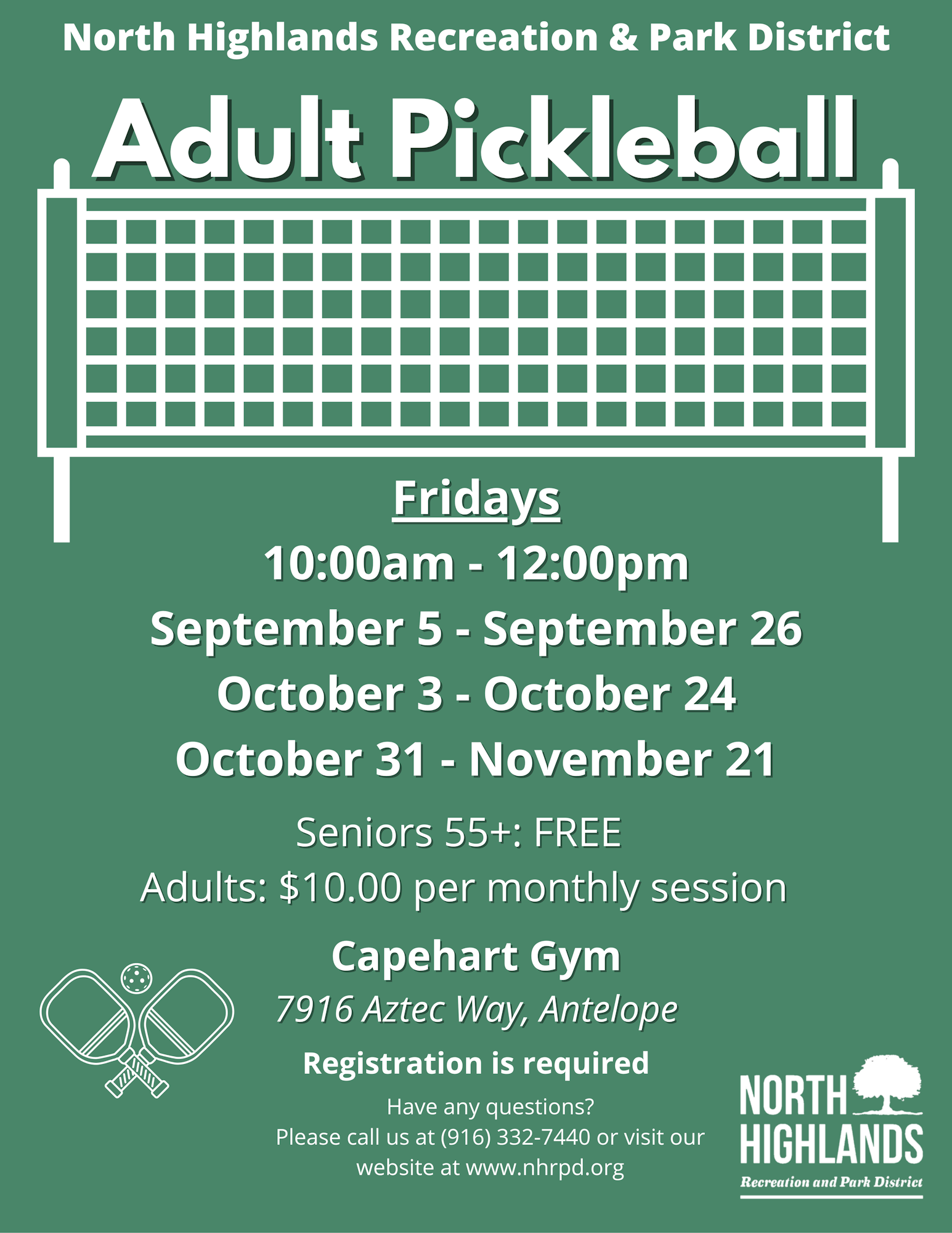 Adult Pickleball sessions at Capehart Gym Fridays, 10am-12pm. Free for 55+, $10 for adults. Registration required.