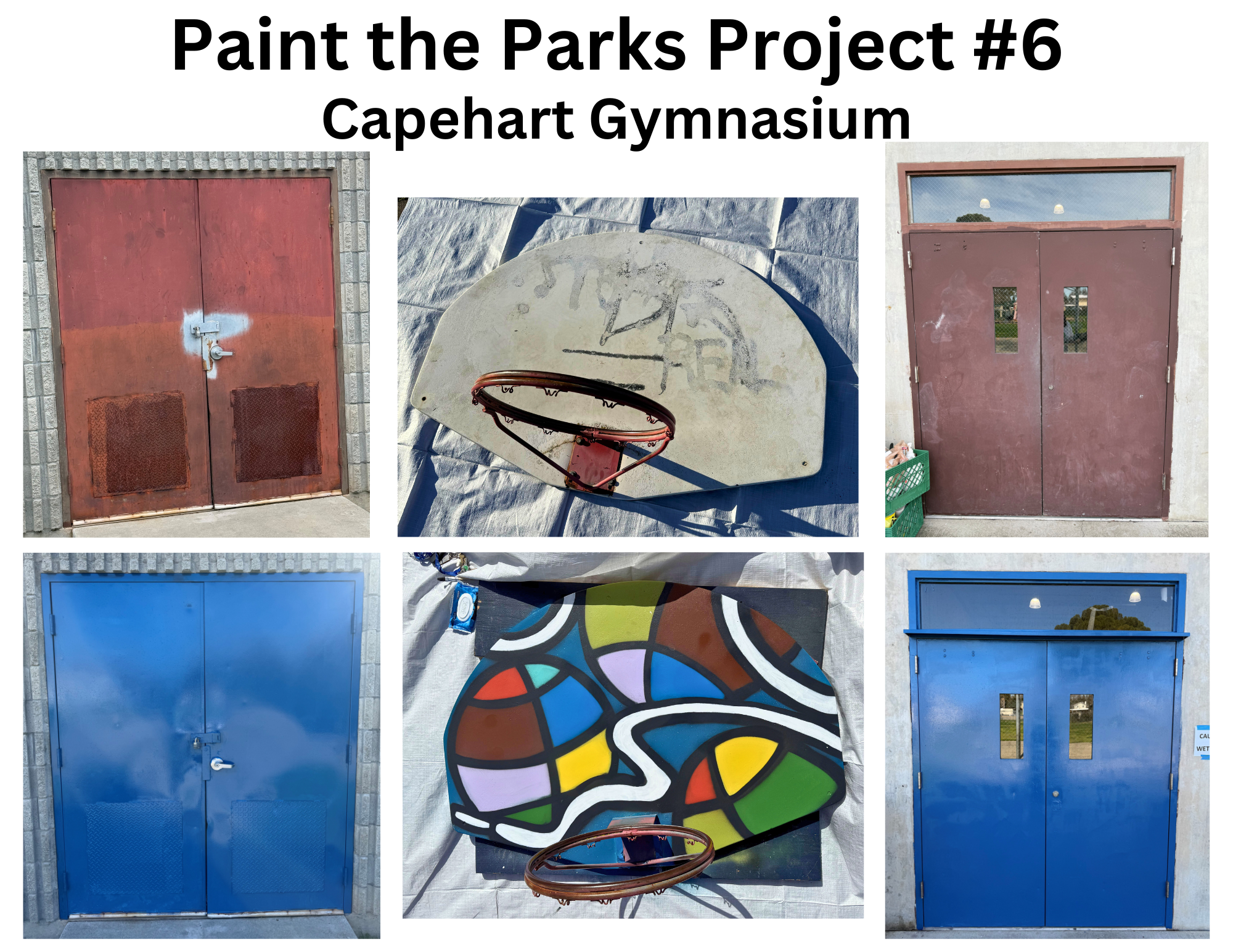 Doors and basketball backboard before and after repainting at Capehart Gymnasium, part of "Paint the Parks Project #6".