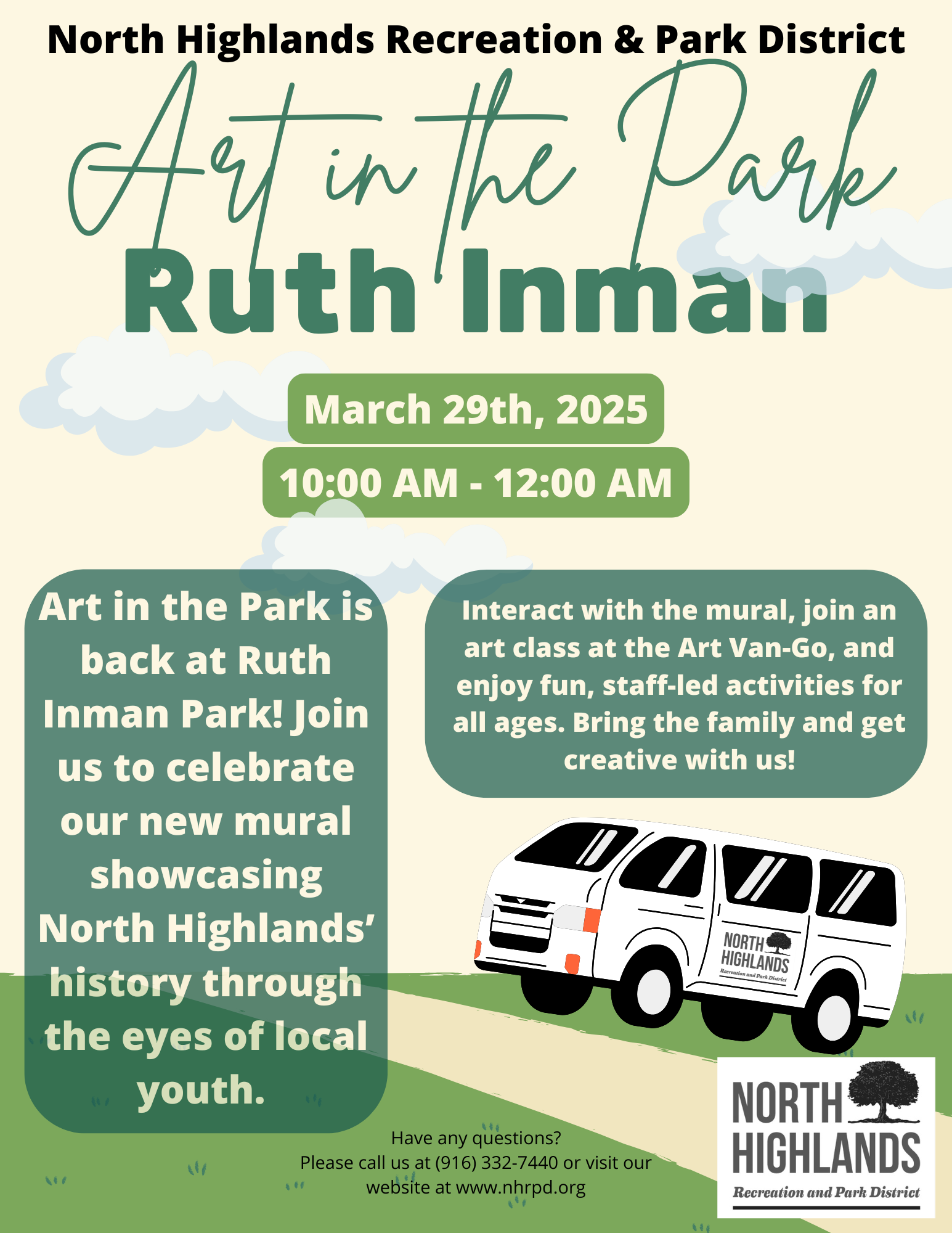 Art in the Park event at Ruth Inman on March 29, 2025, 10 AM-12 PM. Join art activities, mural interaction, and more.