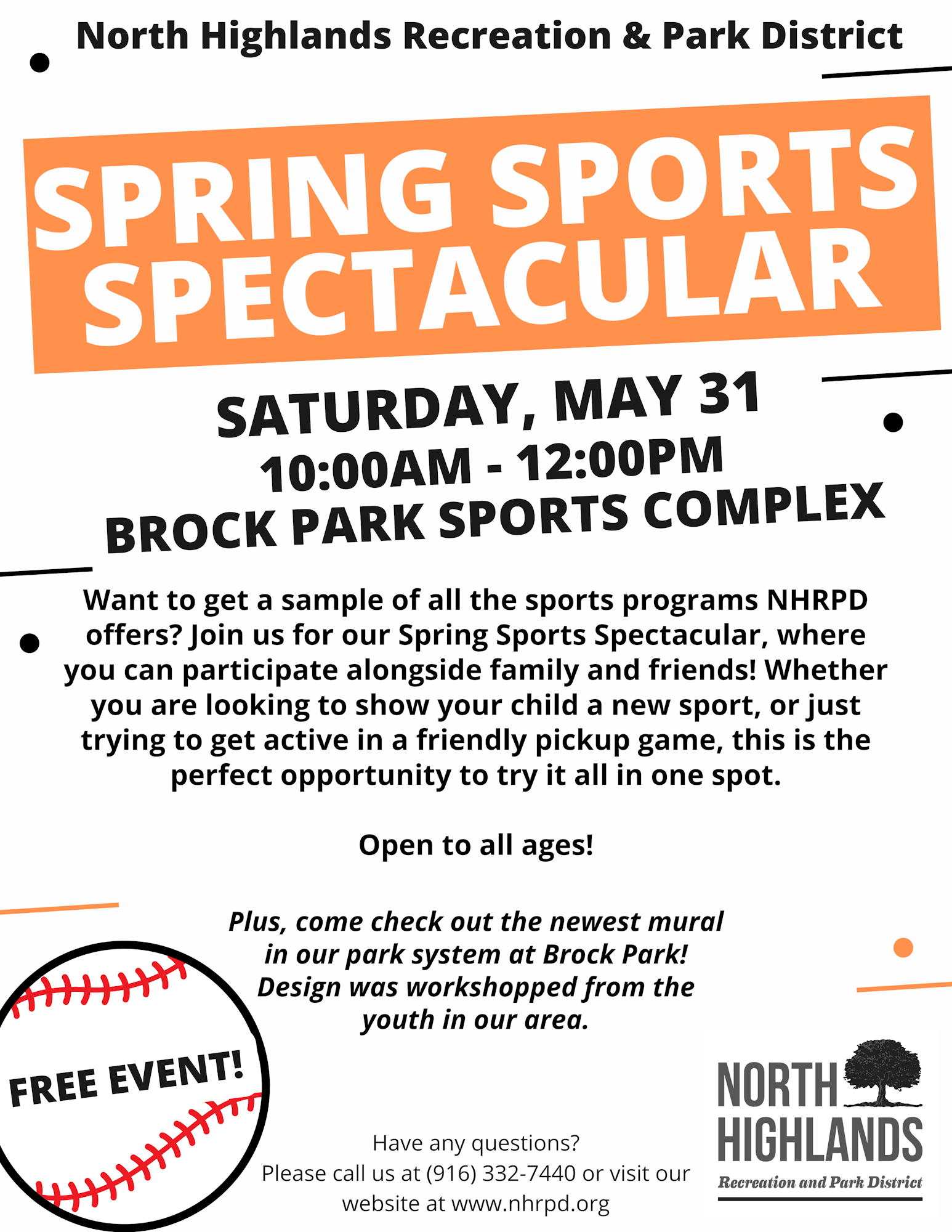 Flyer for "Spring Sports Spectacular" on May 31, 10AM-12PM at Brock Park Sports Complex. Free event, open to all ages, with a new mural.