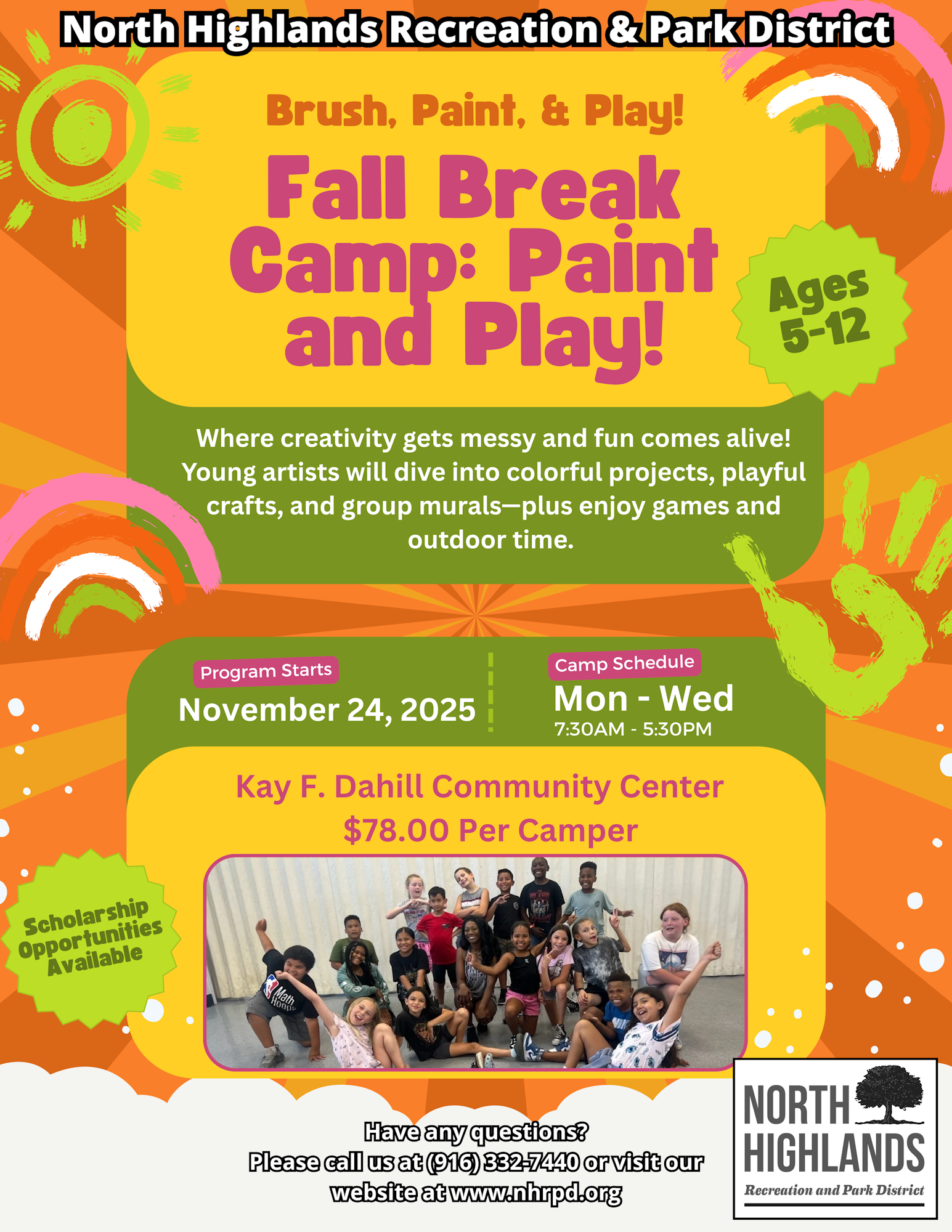 Fall Break Camp for ages 5-12 at Kay F. Dahill Community Center. Starts Nov 24, 2025. Mon-Wed, 7:30AM-5:30PM. $78/camper.