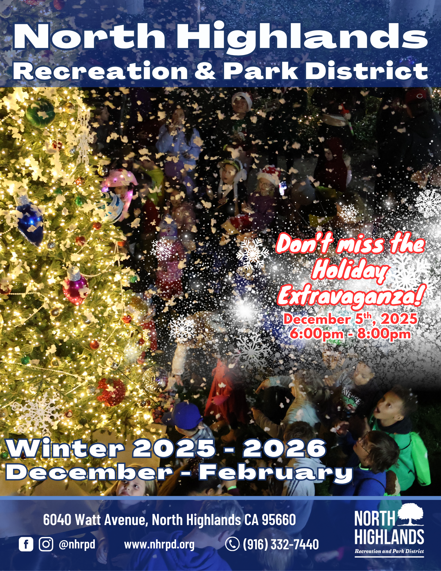 Holiday event poster with a lit Christmas tree and people in winter attire. Event on December 5, 2025, at North Highlands Recreation & Park.