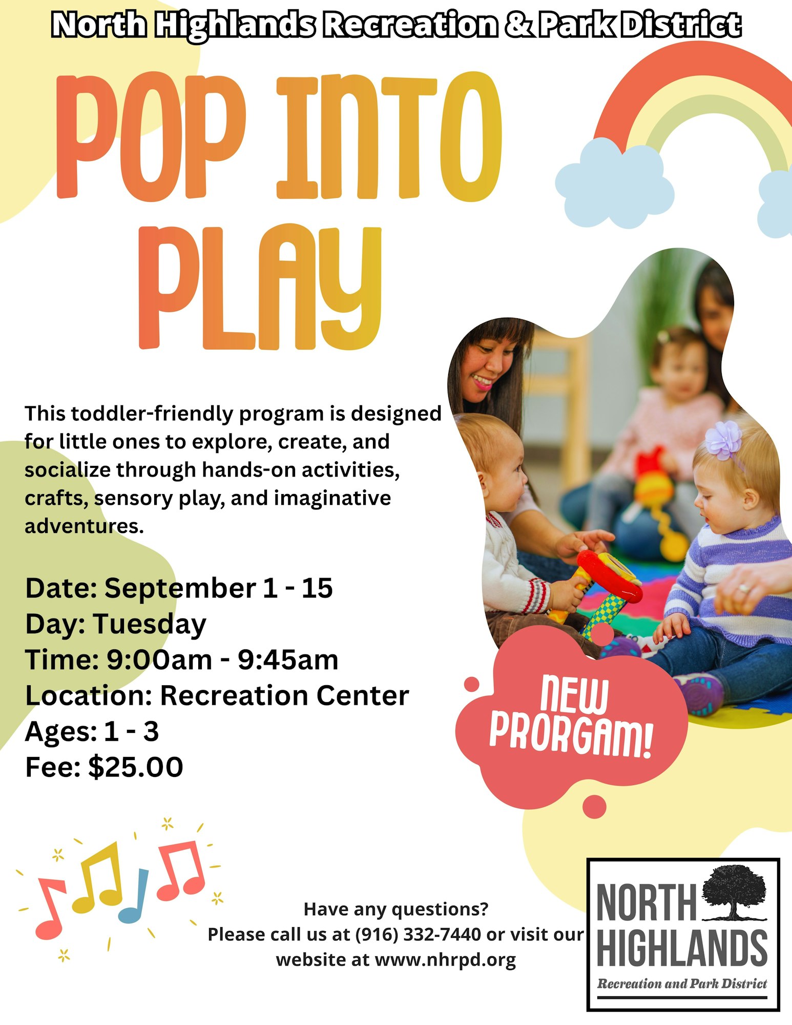 Toddler program "Pop Into Play" offers hands-on activities from Sept 1-15, Tuesdays, 9-9:45 AM, at the Recreation Center for ages 1-3. $25 fee.