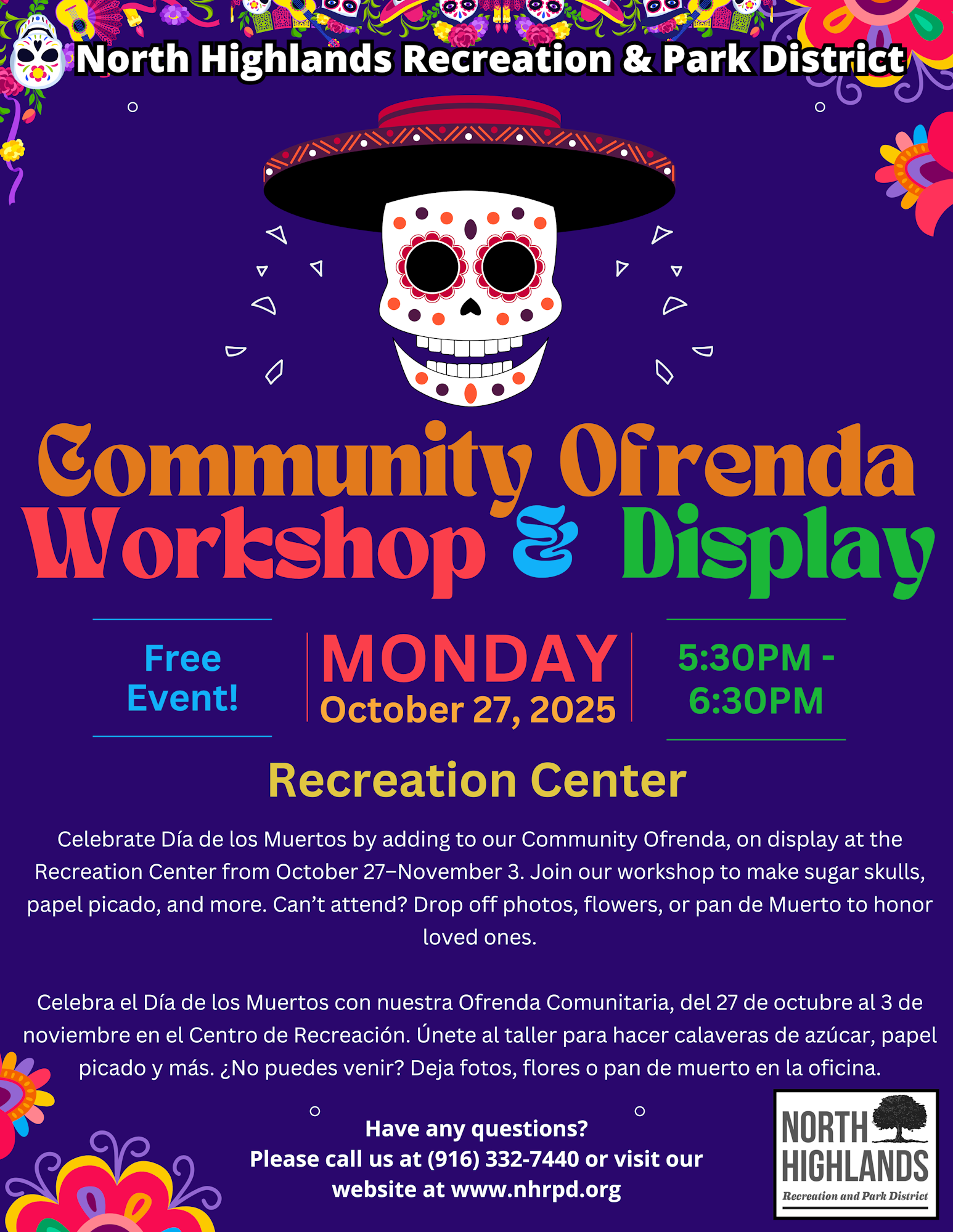 Community Ofrenda Workshop on Oct 27, 2025, 5:30-6:30 PM at Recreation Center. Free event by North Highlands Recreation & Park District.