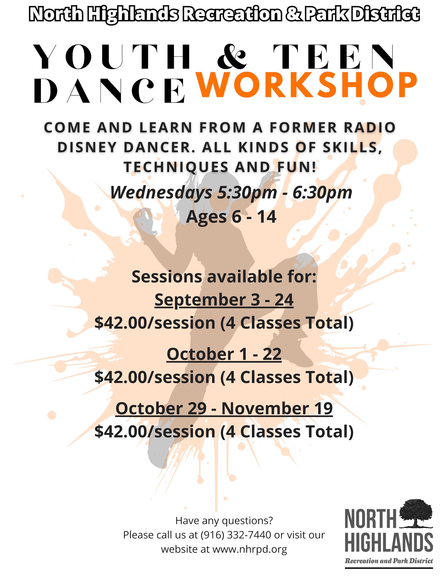 Youth & Teen Dance Workshop. Ages 6-14. Wednesdays 5:30-6:30pm. $42/session. Sessions: Sep 3-24, Oct 1-22, Oct 29-Nov 19. www.nhrpd.org.