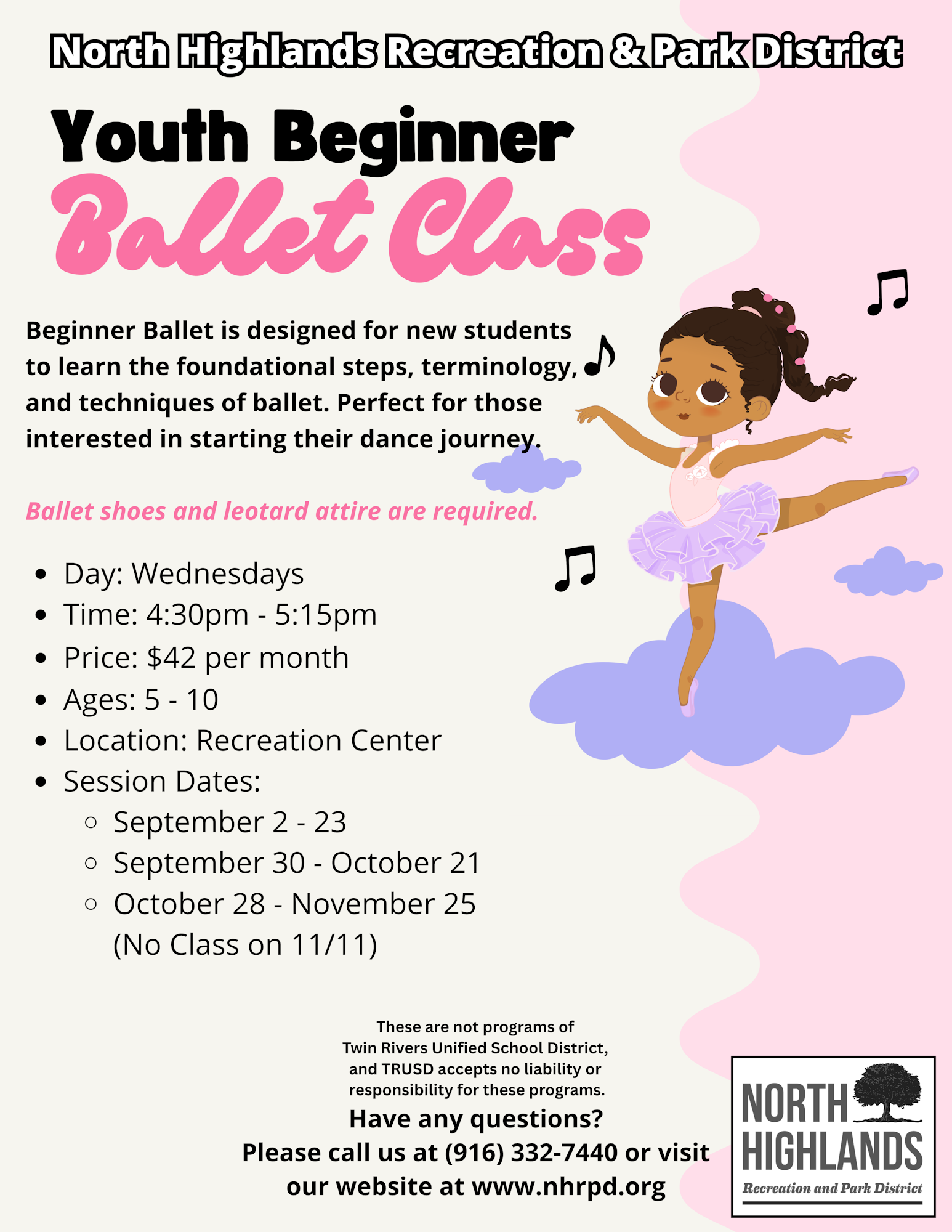 Youth Beginner Ballet class for ages 5-10 at Recreation Center. Wednesdays, 4:30-5:15 PM. $42/month. Ballet shoes required.