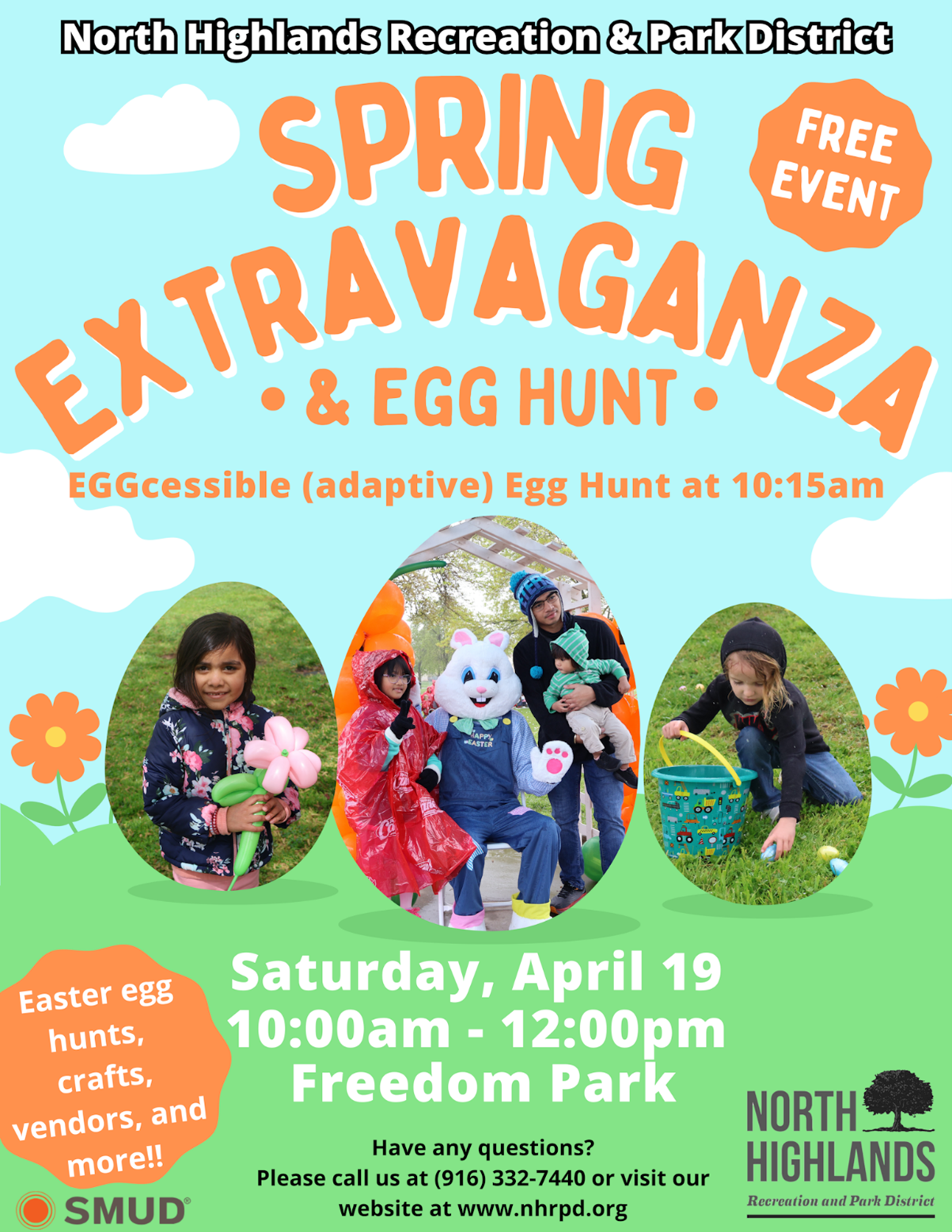Spring Extravaganza & Egg Hunt on April 19, 10am-12pm at Freedom Park. Free event with crafts, vendors, and more!