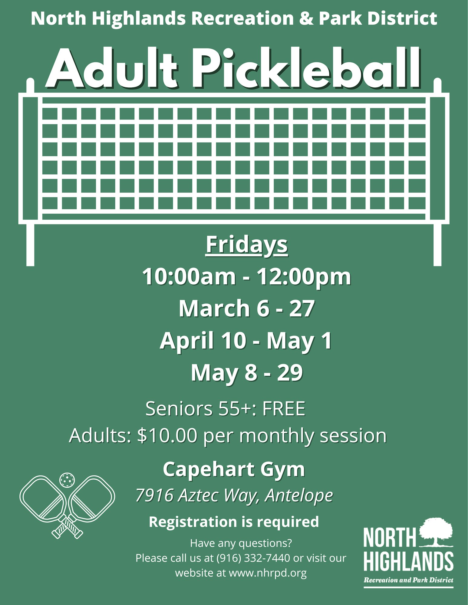Adult Pickleball sessions at Capehart Gym, Fridays from 10am-12pm. Senior 55+: Free; Adults: $10/month. Registration needed.