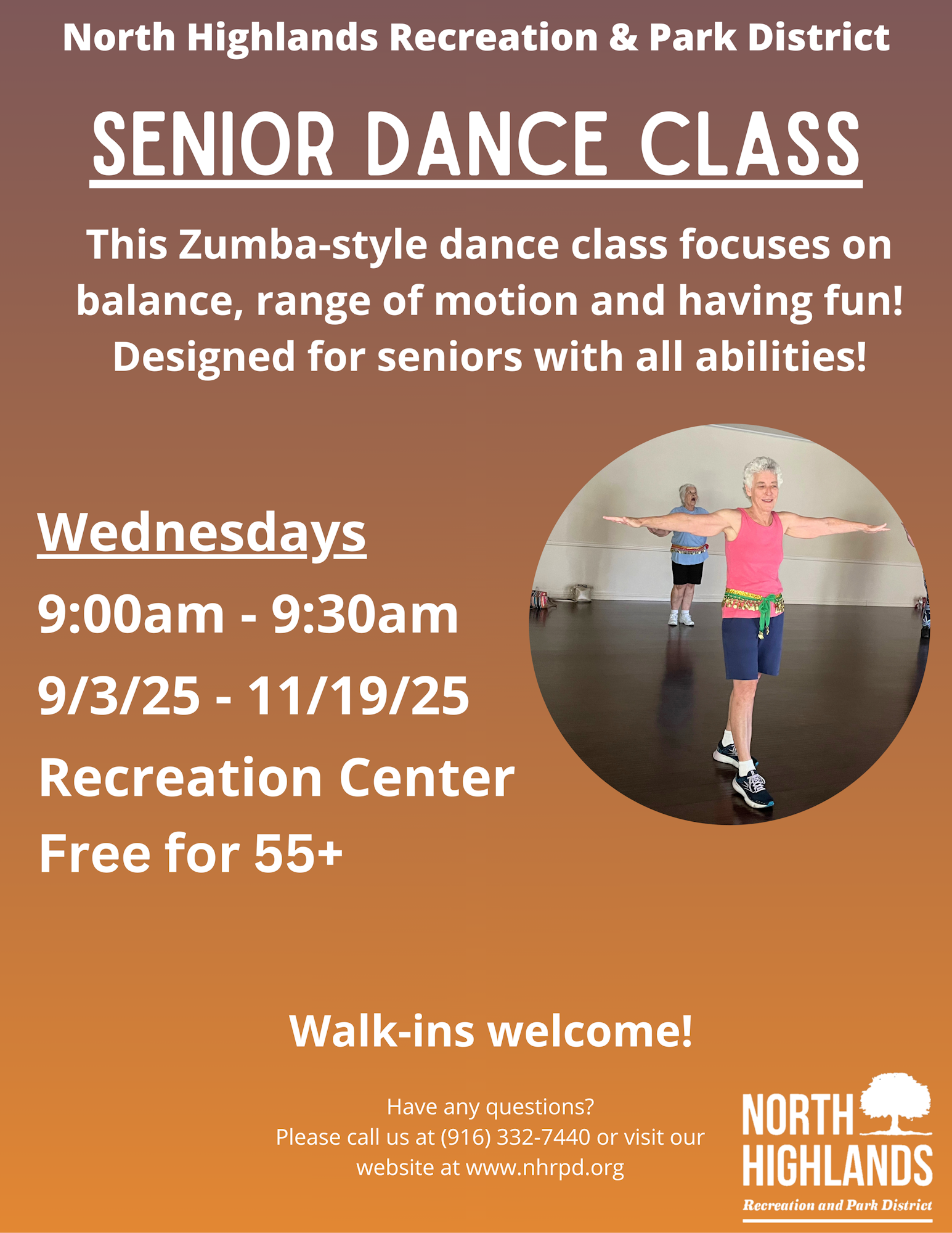 Senior Dance Class at North Highlands Recreation. Zumba-style, Wednesdays 9-9:30am, 9/3/25-11/19/25. Free for 55+, walk-ins welcome!
