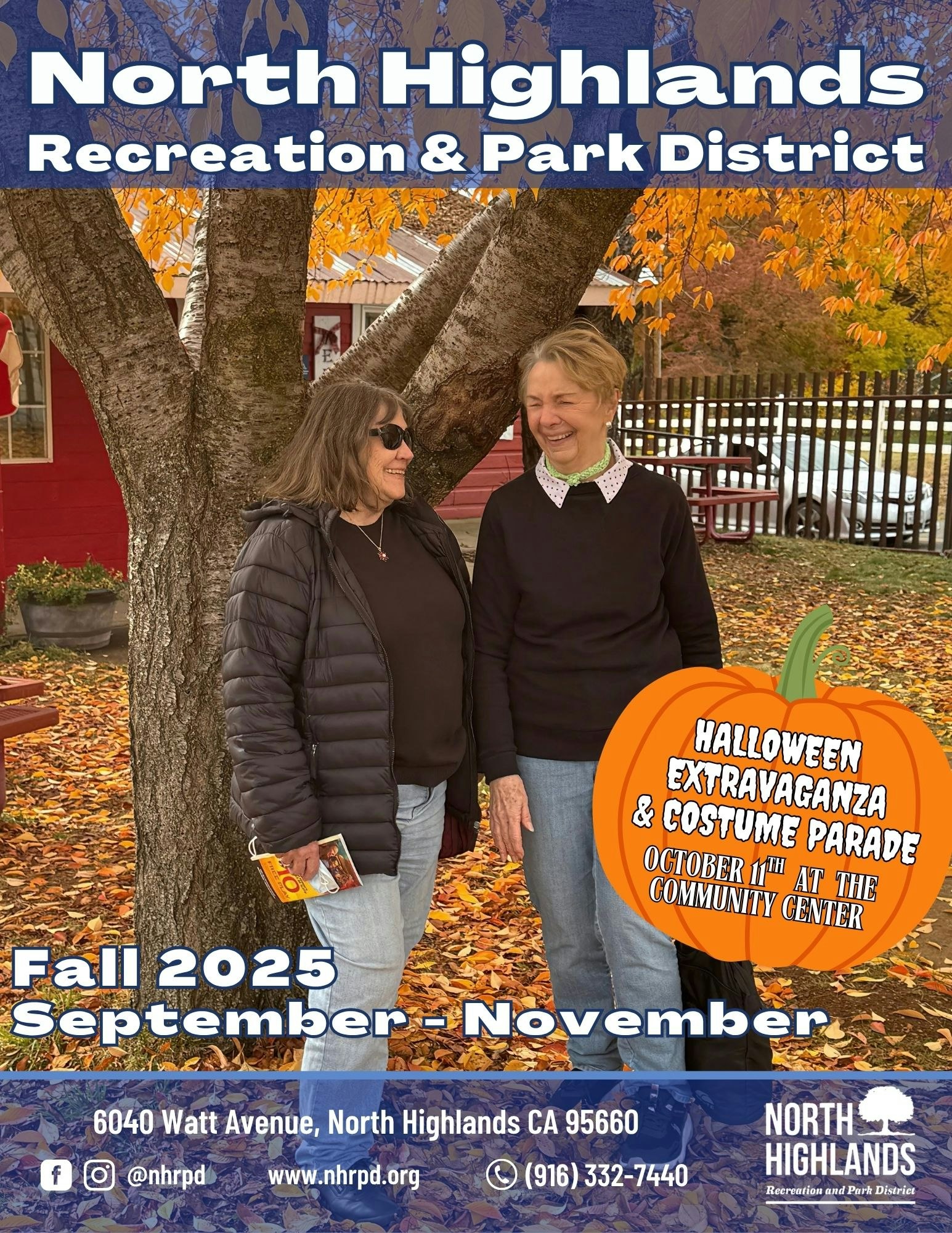 Two people stand under a tree with fall leaves. "North Highlands Recreation & Park District" advertises a Halloween event.