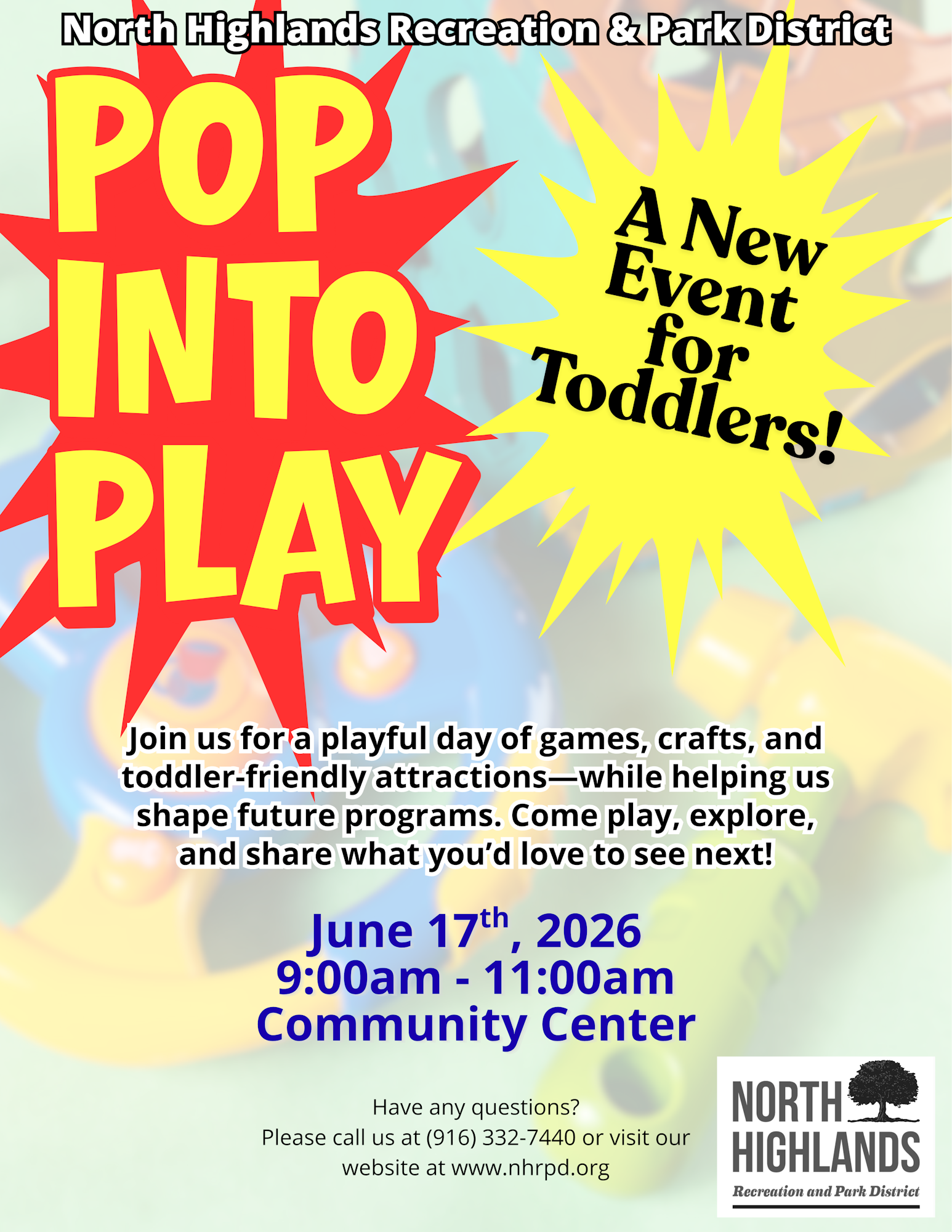 Event "Pop Into Play" for toddlers on June 17, 2026, 9-11 AM at Community Center. Games, crafts, and fun!