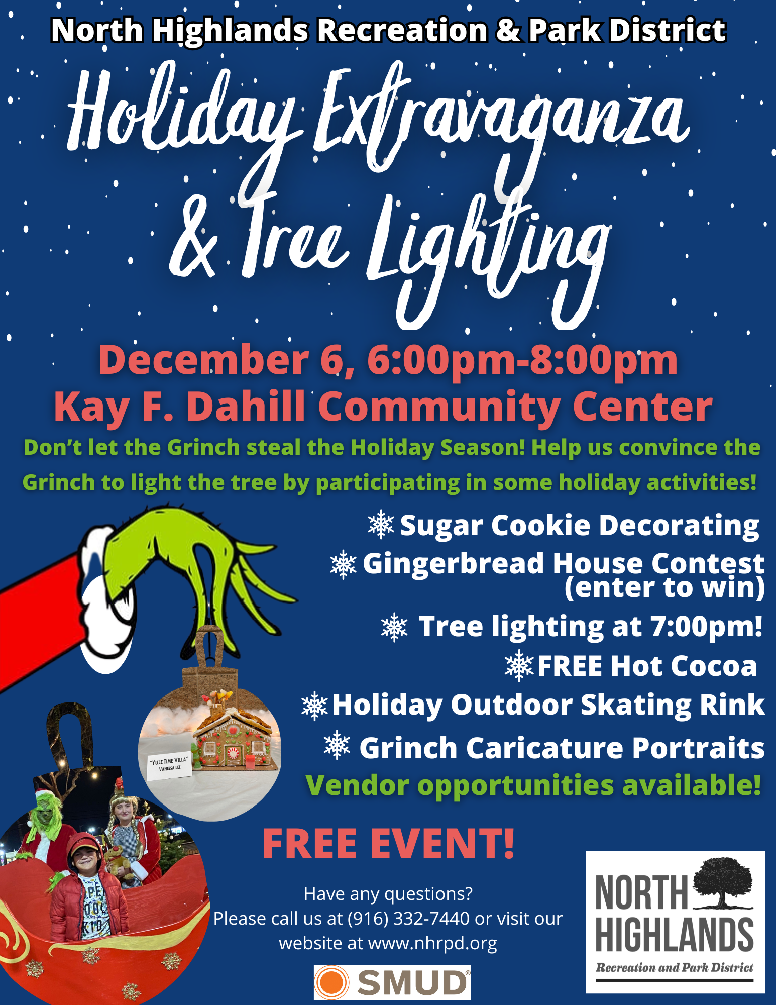 Holiday event poster with activities like tree lighting, skating, and Grinch theme, on December 6.