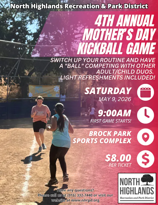 Join the 4th Annual Mother's Day Kickball Game on May 9, 2026, at Brock Park Sports Complex. Starts at 9 AM. $8 ticket!